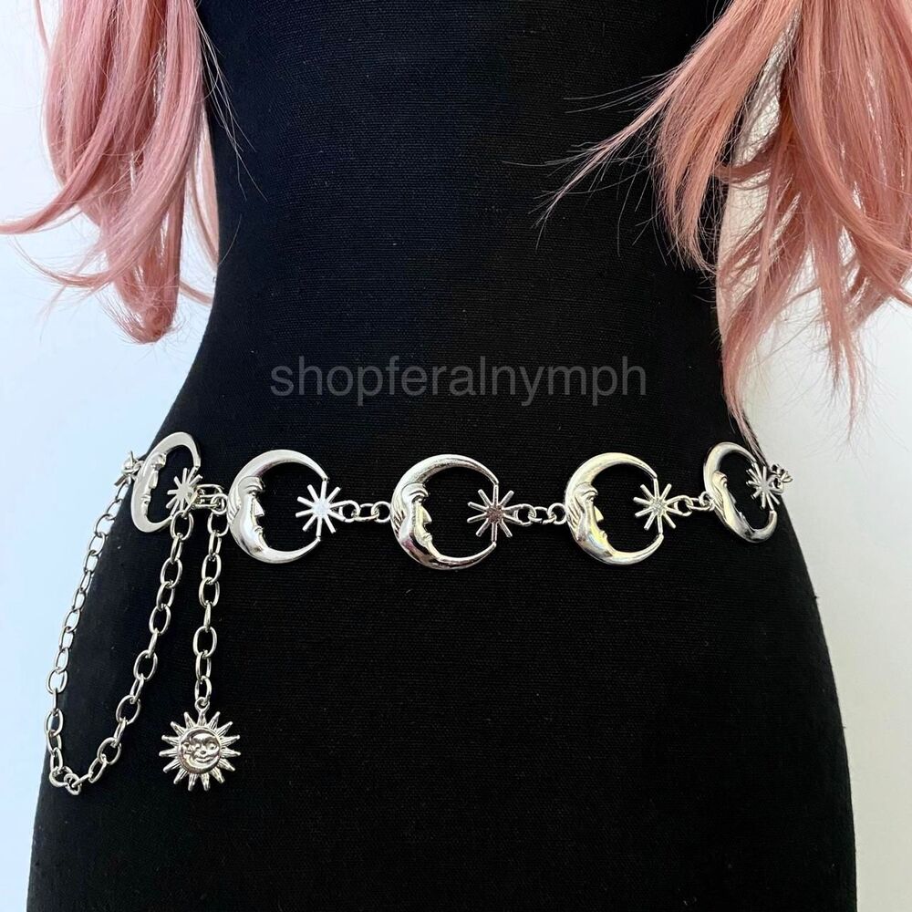 Vintage Y2K Celestial Silver Moon Star Chain Belt, Fits 13–41 Inches, X7GA1435